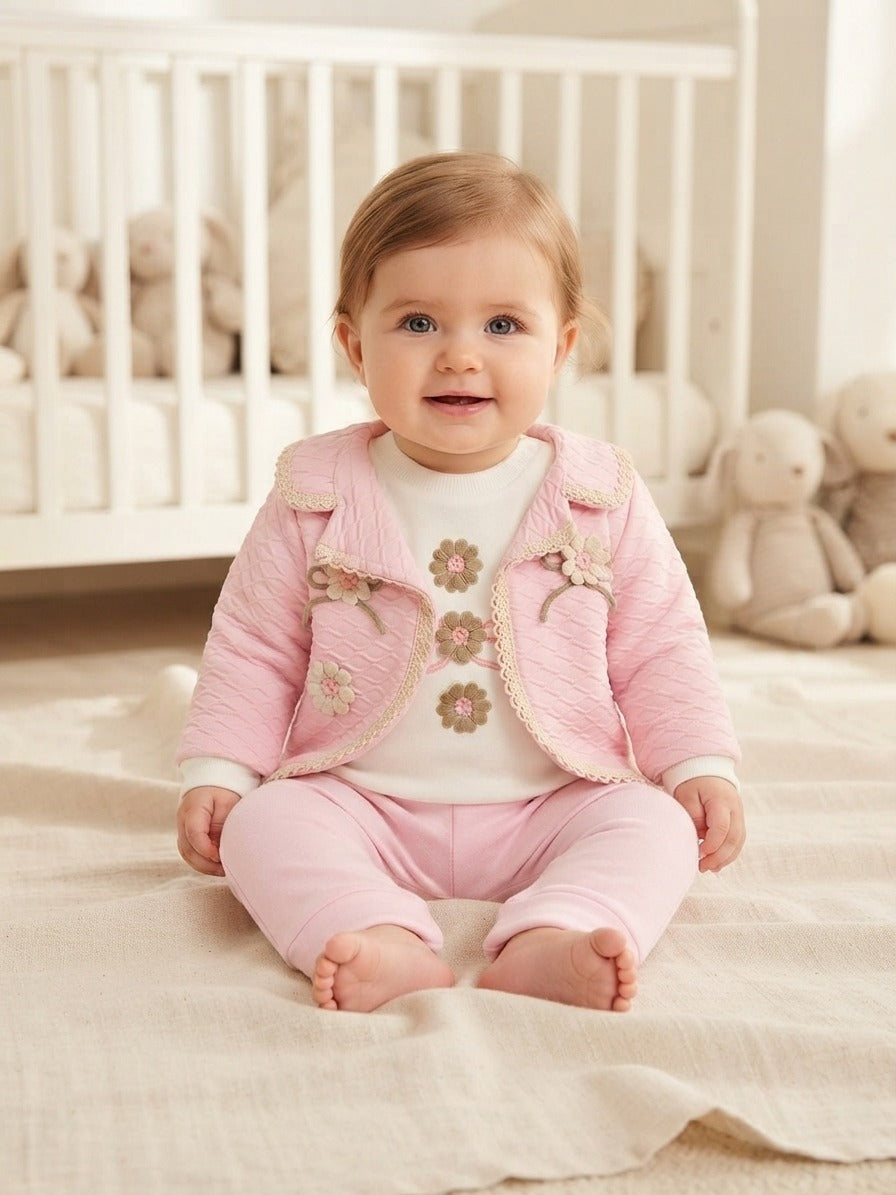Imported Turkish Baby Girl Quilted Jacket Bodysuit And Trousers 3 Piece Outfit Set