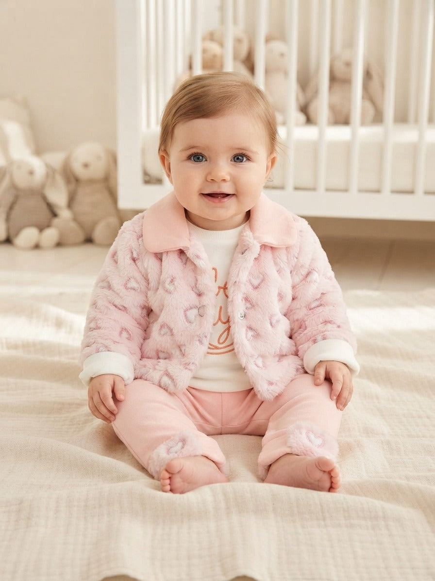 Imported Turkish Baby Girl Pink Fuffy Furry Jacket And Trousers Outfit Set