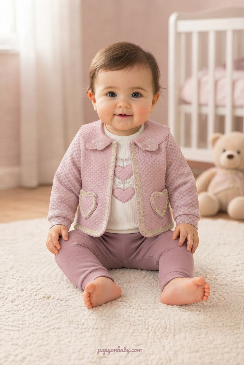 Imported Turkish Baby Girl Quilted Heart Jacket Bodysuit And Trousers Outfit Set