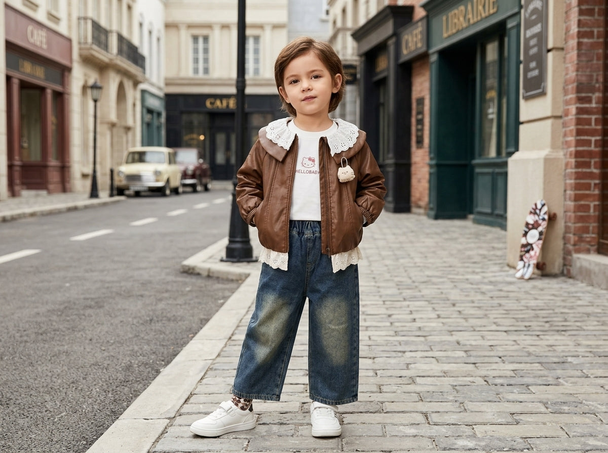 Stylish Kids Three Piece Outfit Set With Leather Jacket Shirt And Denim Jeans