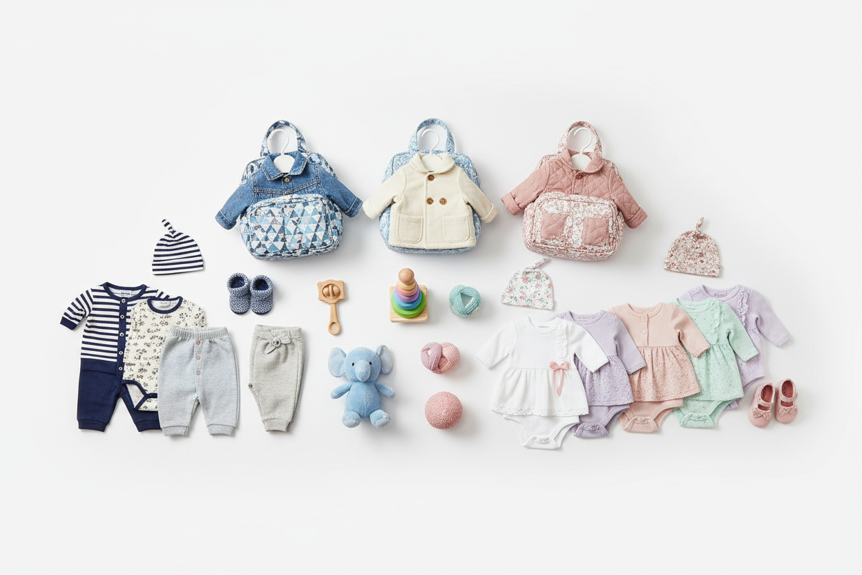 a 4k photo with white background includes baby boy & girl clothes, accessories, coats, jackets, bags & toys.