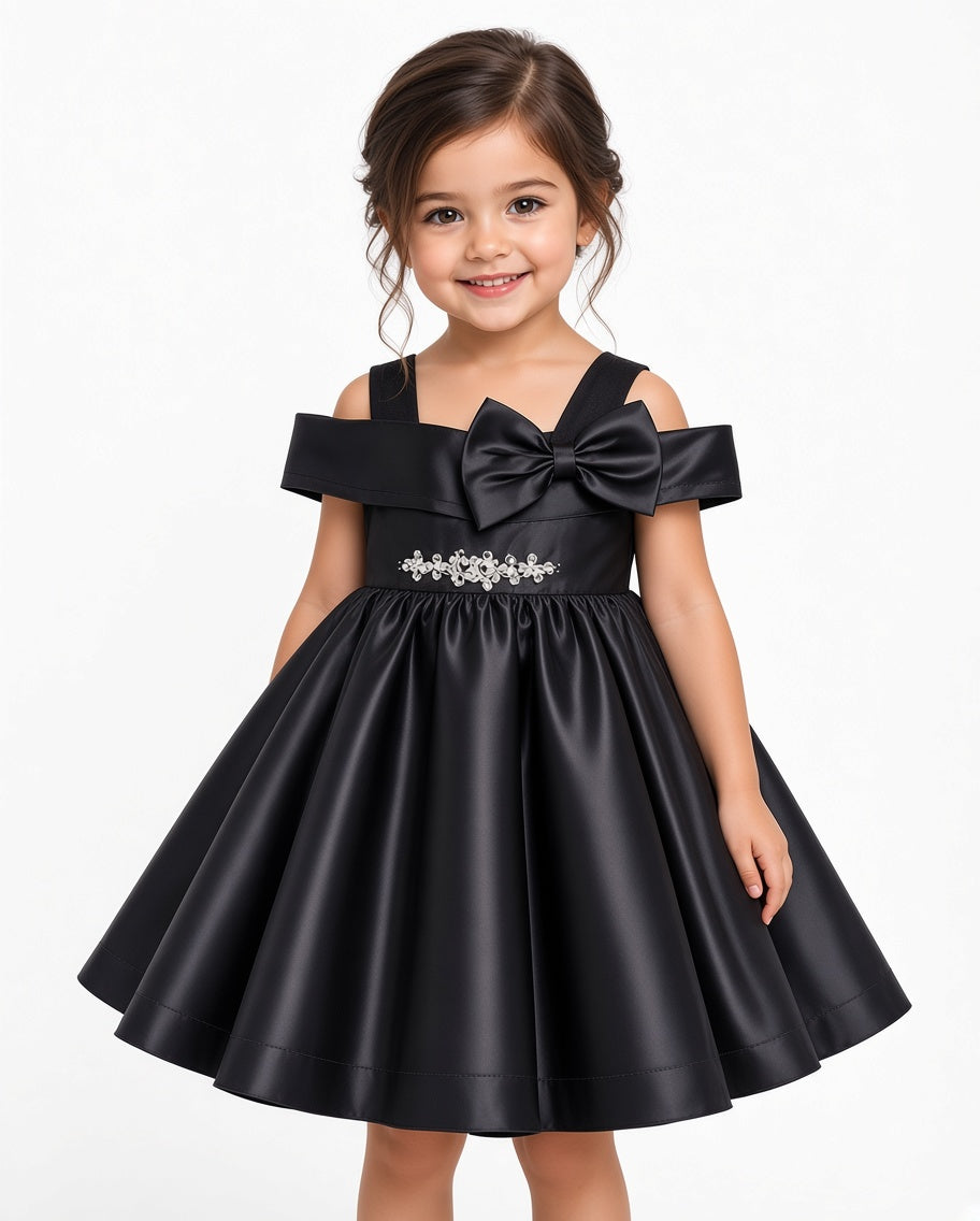 Girls Elegant Satin Party Frock Big Bow Rhinestone Waist Mesh Shoulder Birthday Dress