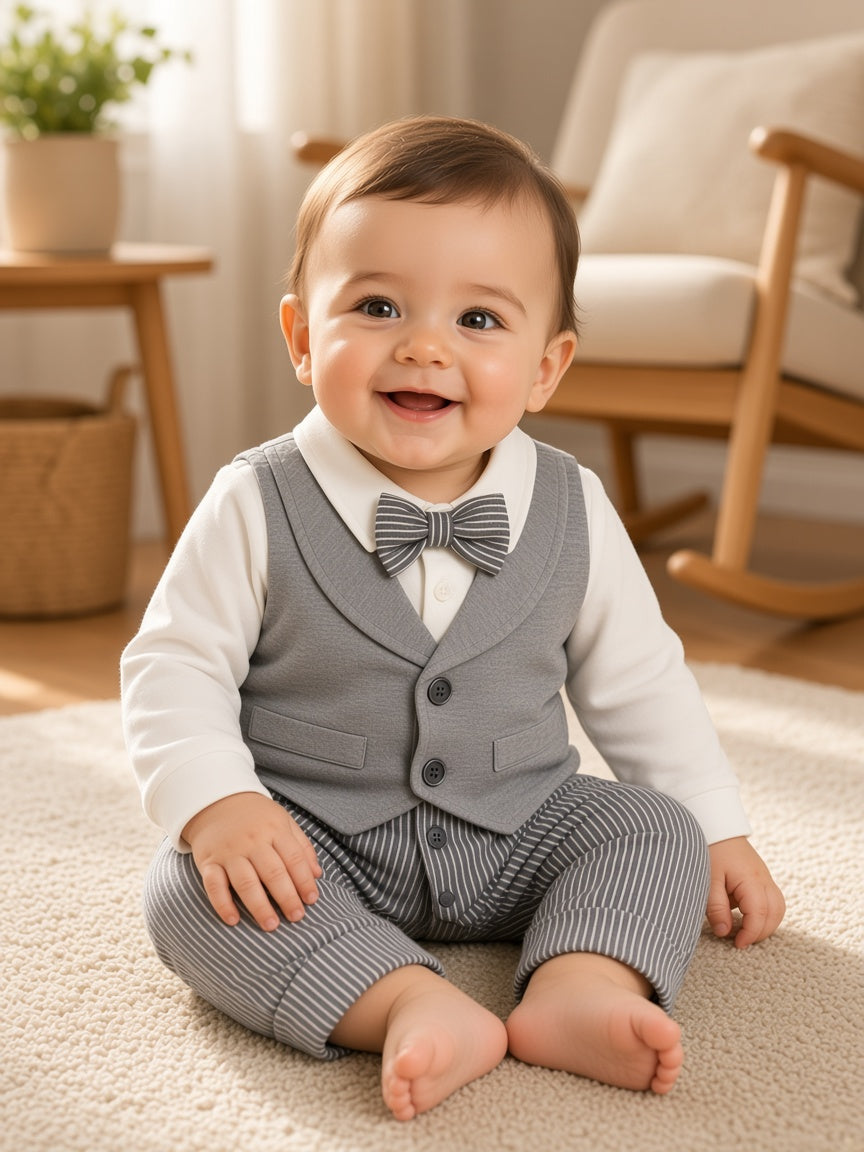 Stylish Baby Boys Check Vest Romper With Bow Tie Formal Outfit Set