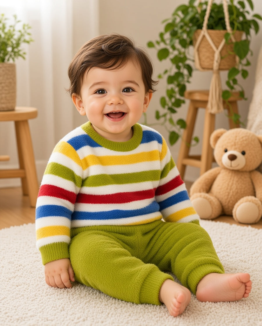 Stylish Kids Two Piece Striped Fuzzy Sweater And Jogger Set