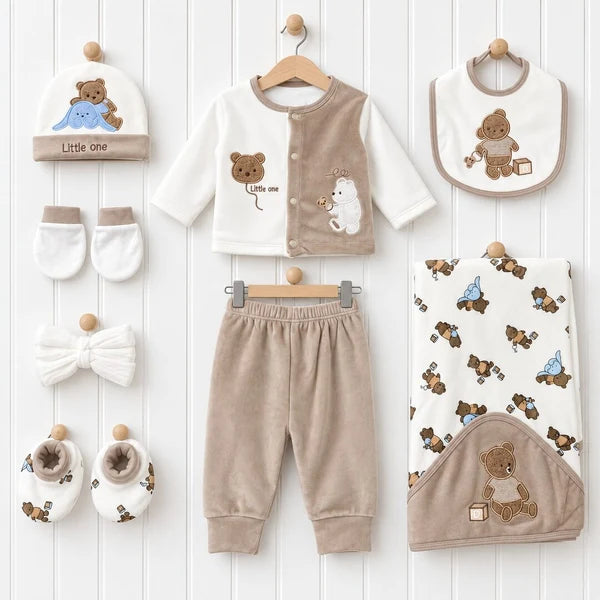 Baby Boy 10 Piece Little One Bear Newborn Starter Set in Soft Brown and White