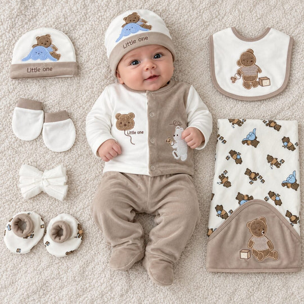Baby Boy 10 Piece Little One Bear Newborn Starter Set in Soft Brown and White