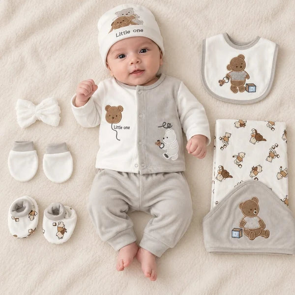 Baby Boy 10 Piece Little One Bear Newborn Starter Set in Soft Grey and White