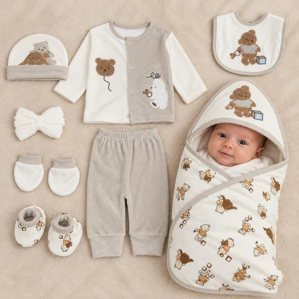 Baby Boy 10 Piece Little One Bear Newborn Starter Set in Soft Grey and White