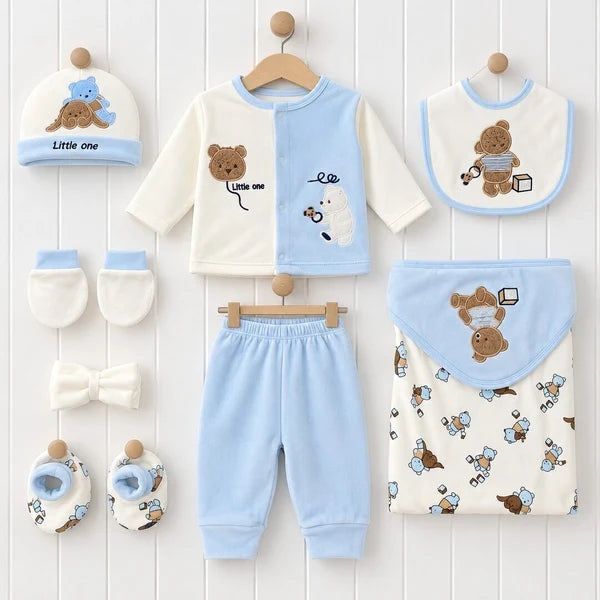 Baby Boy 10 Piece Little One Bear Newborn Starter Set in Soft Light Blue