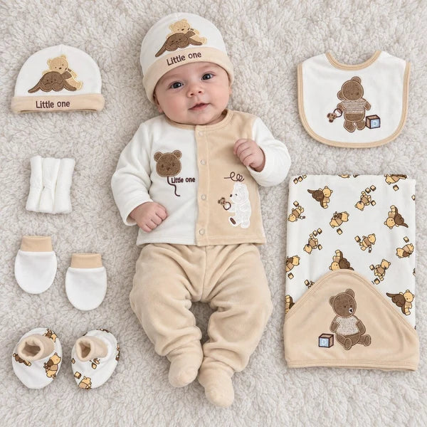 Baby Boy 10 Piece Little One Bear Newborn Starter Set in Skin and White