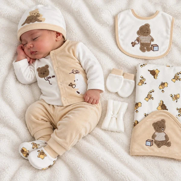 Baby Boy 10 Piece Little One Bear Newborn Starter Set in Skin and White