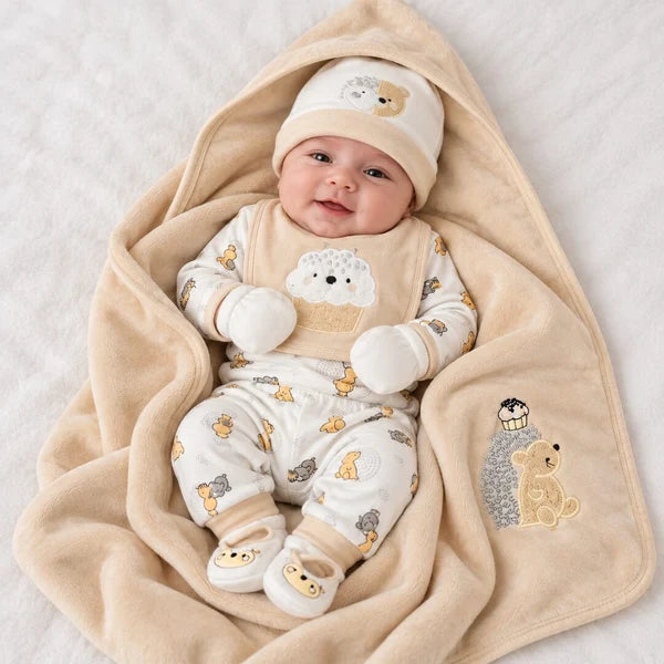Baby Boy 9 Piece Little Character Print Newborn Starter Set in Soft Beige