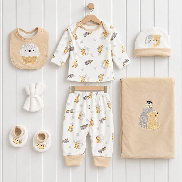 Baby Boy 9 Piece Little Character Print Newborn Starter Set in Soft Beige