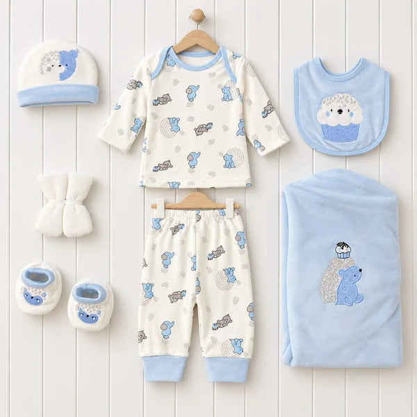 Baby Boy 9 Piece Little Character Print Newborn Starter Set in Soft Light Blue