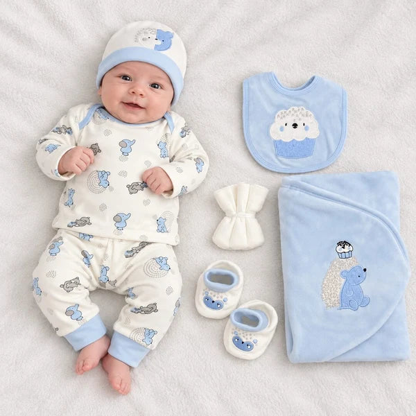 Baby Boy 9 Piece Little Character Print Newborn Starter Set in Soft Light Blue