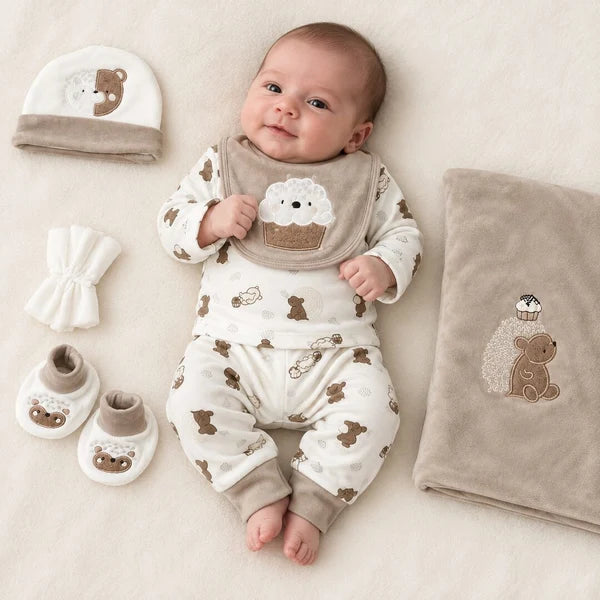 Baby Boy 9 Piece Little Bear Print Newborn Starter Set in Soft Brown