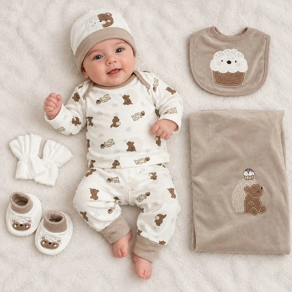 Baby Boy 9 Piece Little Bear Print Newborn Starter Set in Soft Brown