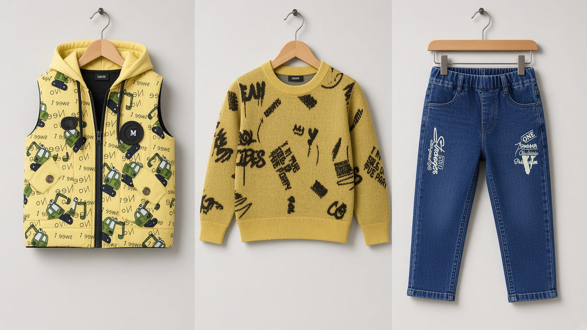 Stylish Kids Three Piece Checkerboard Vest Sweater And Denim Set