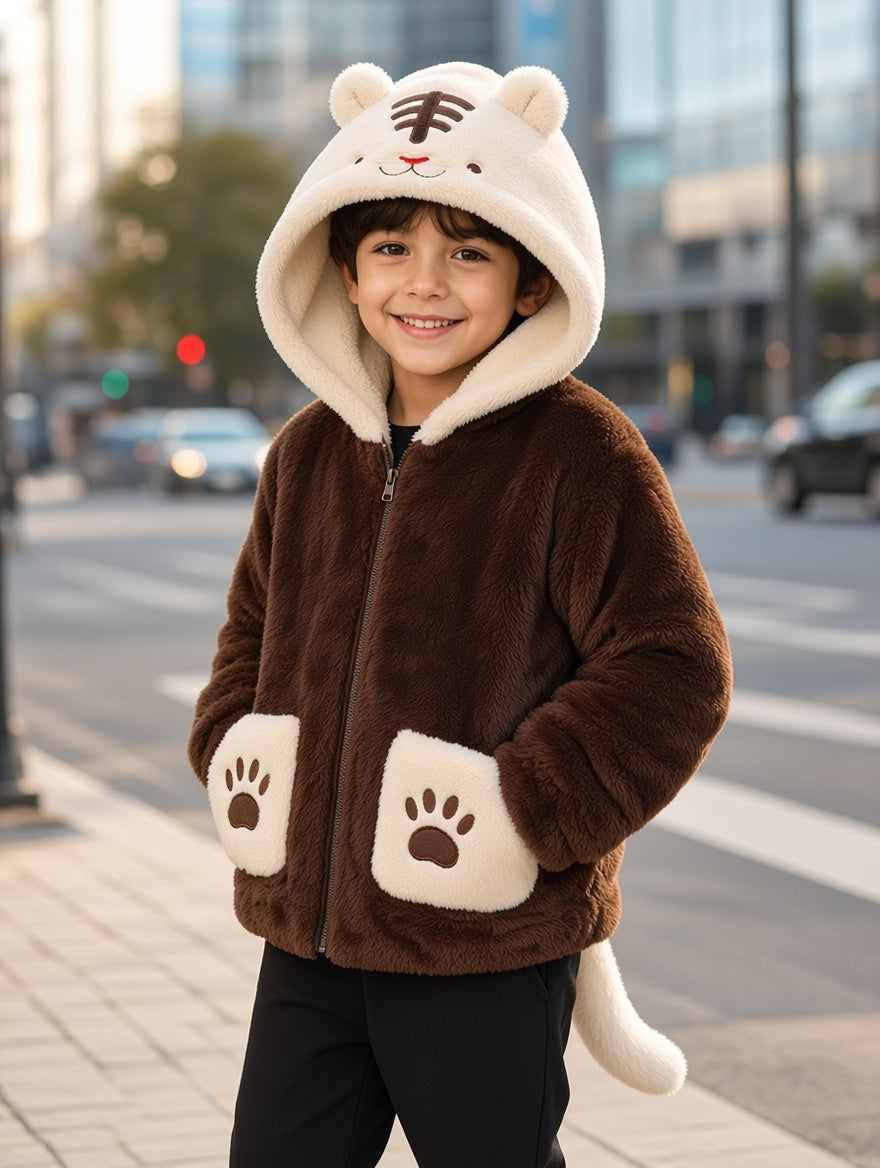 Cute Animal Hooded Fur Jacket For Kids Warm Winter Wear Stylish Soft Outerwear Outfit