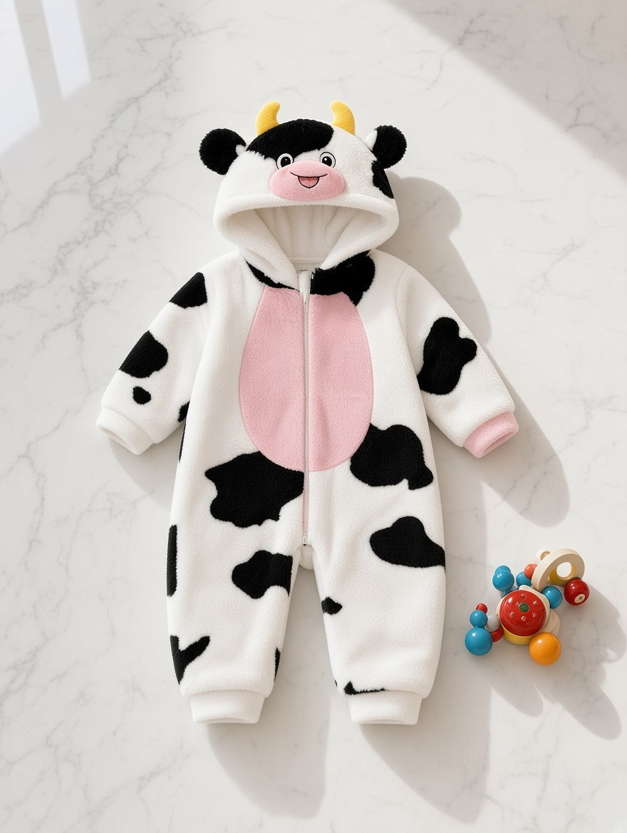 Baby Winter Cute Animal Cow Fleece Hooded Romper Jumpsuit Pajamas Onesie