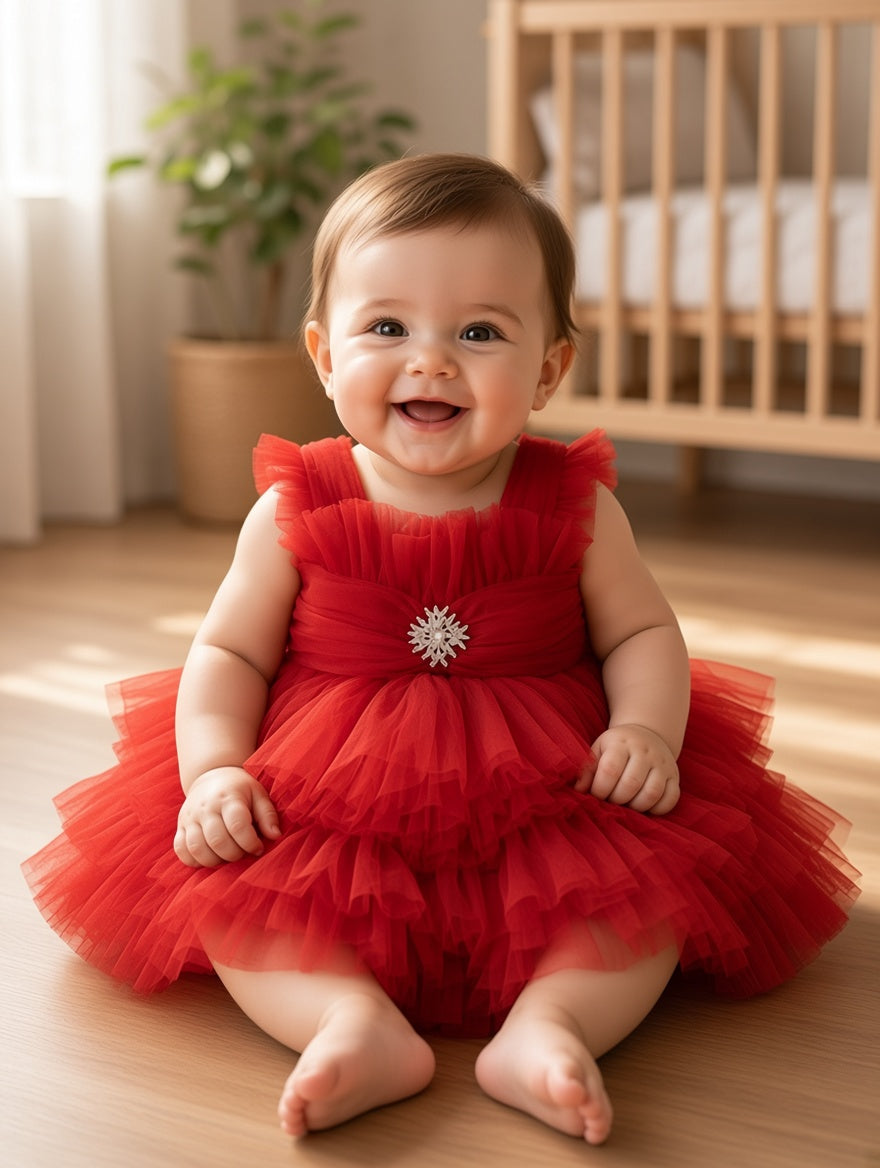 Gorgeous Fluffy Tulle Party Dress With Sparkling Brooch Detail For Cute Little Baby Girls
