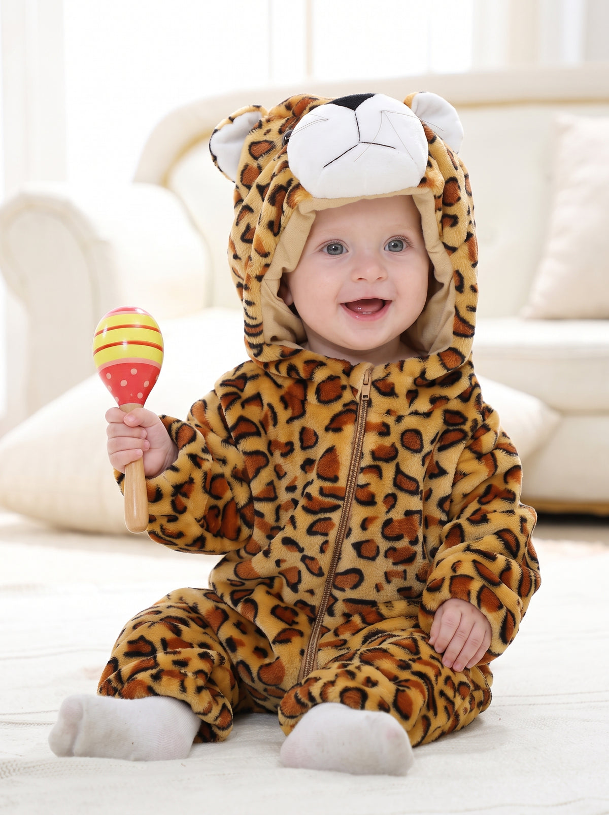 Cozy Plush Leopard Baby Romper Hooded Animal Costume Cute Soft Infant Onesie Outfit
