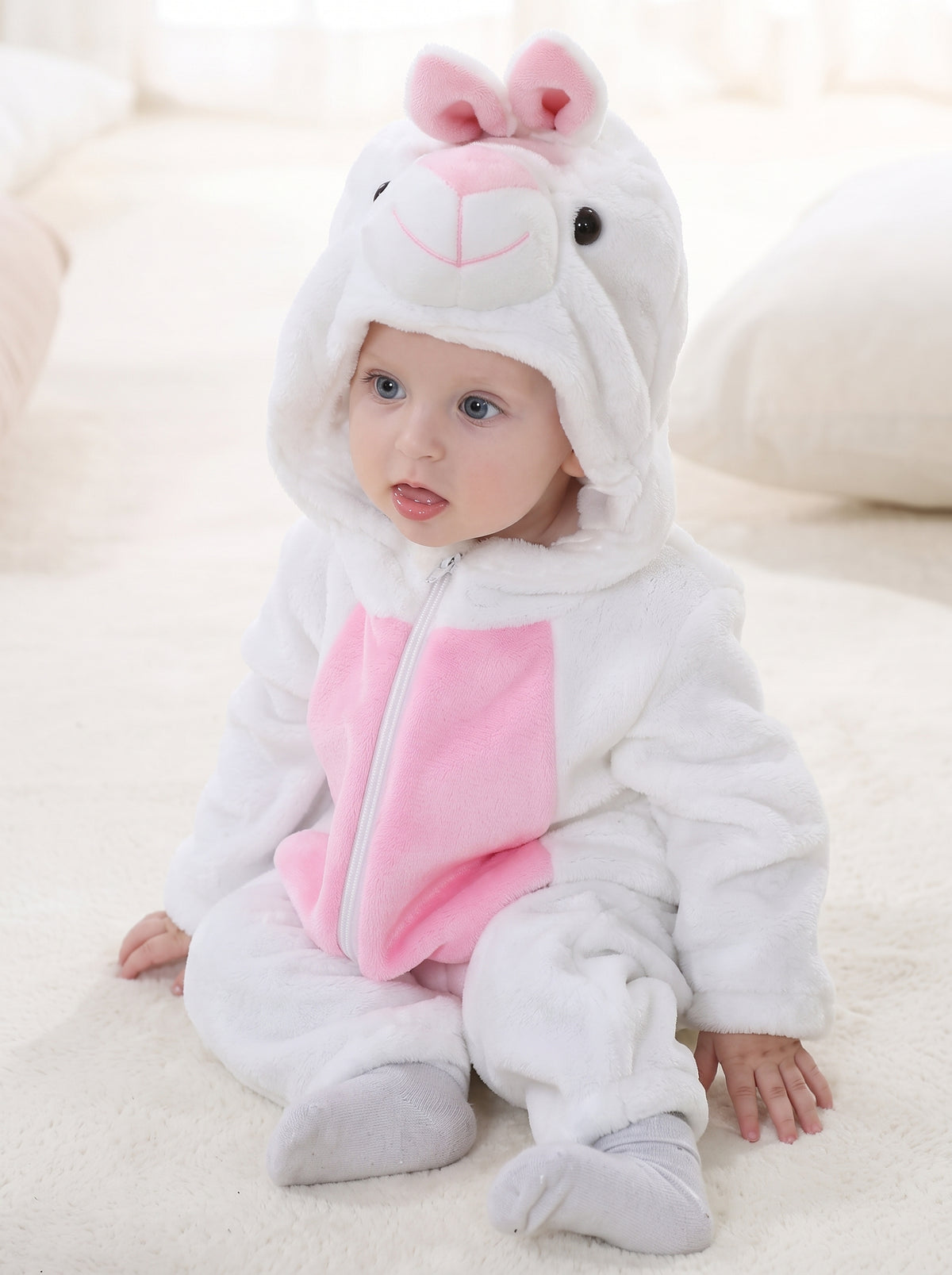 Cozy Plush White Bunny Baby Romper Hooded Rabbit Animal Costume Cute Soft Infant
