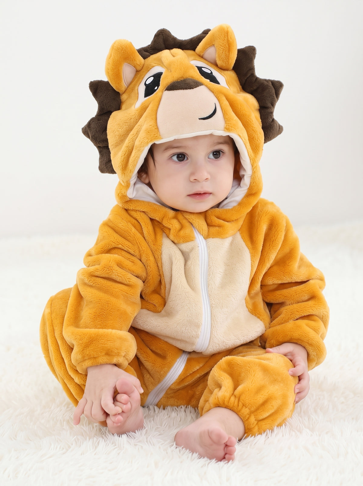 Cozy Plush Lion Baby Romper Hooded Safari Animal Costume Cute Soft Infant Onesie