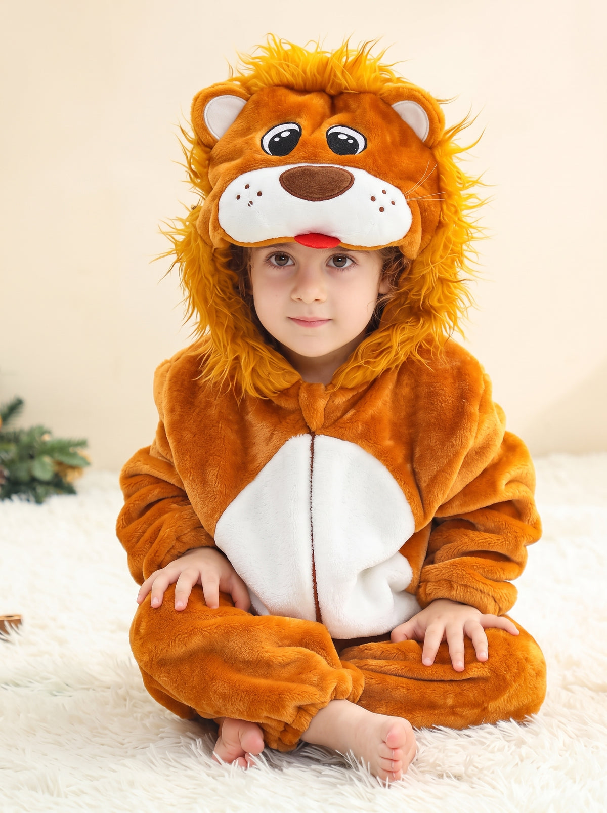 Cozy Plush Fluffy Lion Baby Romper Hooded Safari Animal Costume Cute Soft Infant