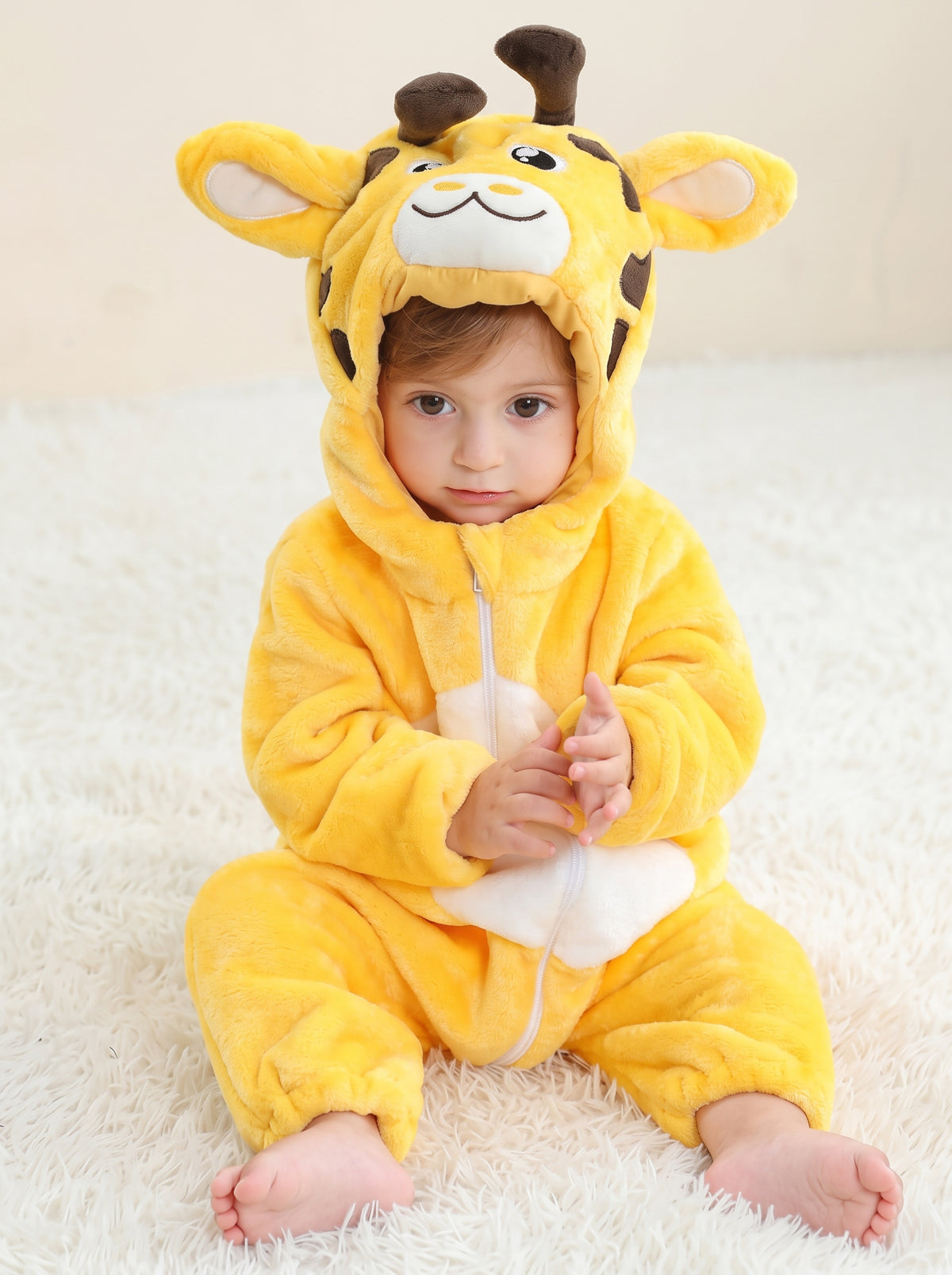 Cozy Plush Giraffe Baby Romper Hooded Safari Animal Costume Cute Soft Infant Onesie