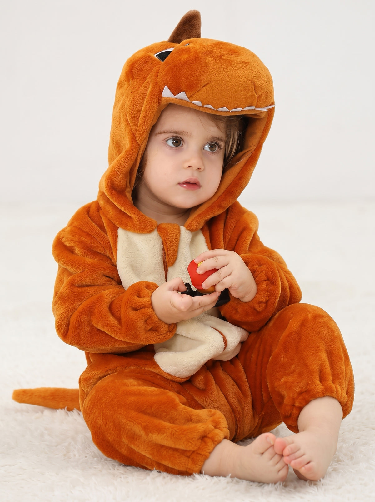 Cozy Plush Orange Dinosaur Baby Romper Hooded Animal Costume Cute Soft Infant Onesie
