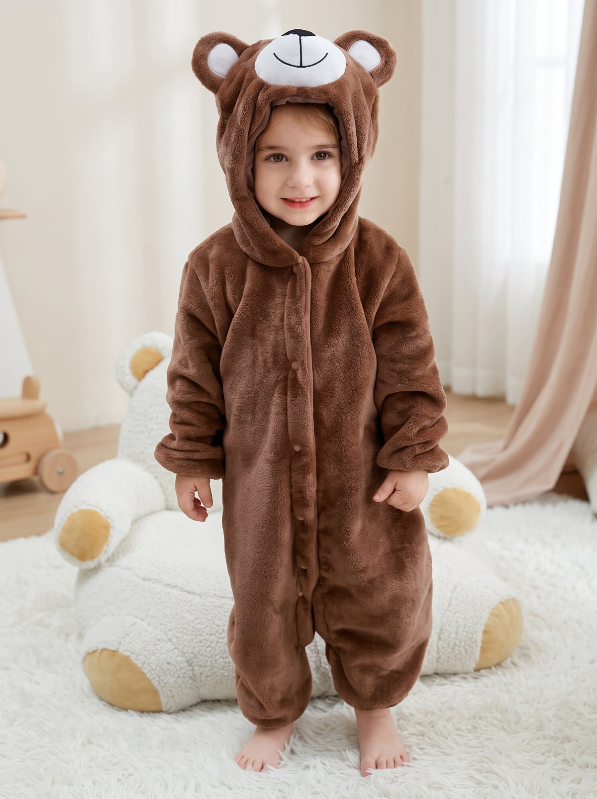 Cozy Plush Dark Brown Bear Baby Romper Hooded Animal Costume Cute Soft Infant
