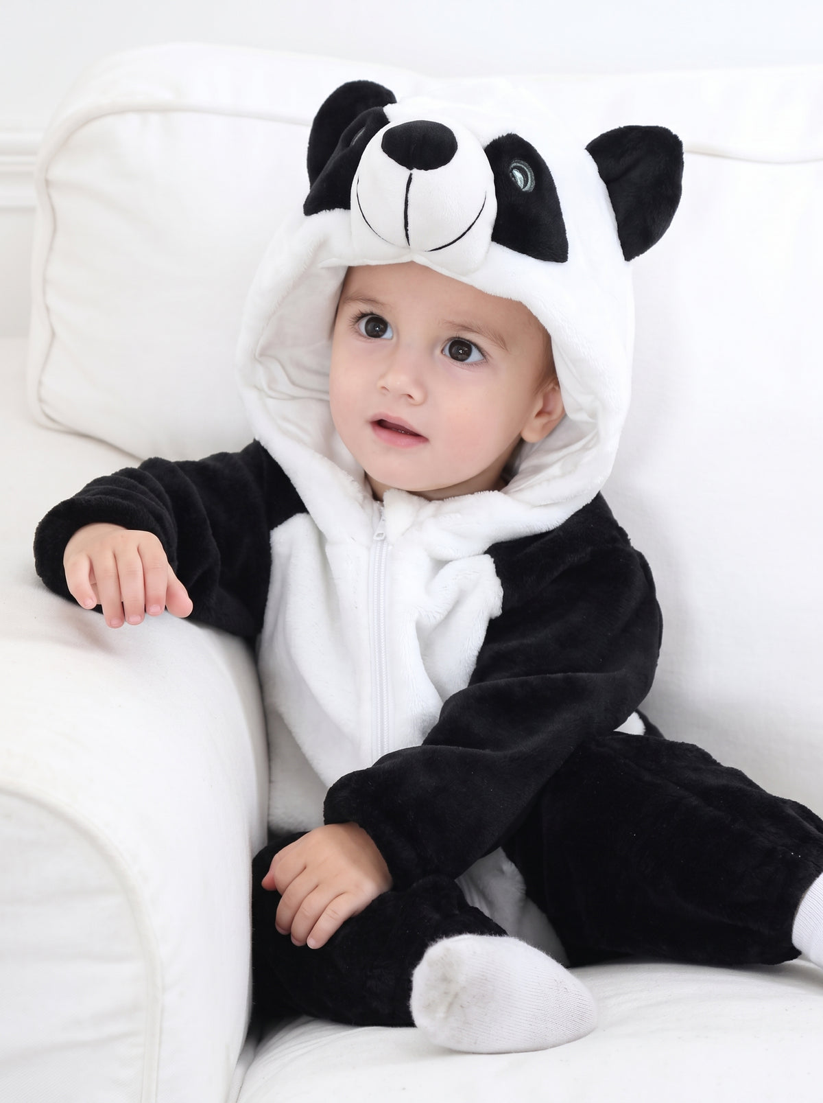 Cozy Plush Panda Bear Baby Romper Hooded Animal Costume Cute Soft Infant Onesie