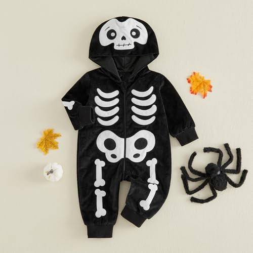 Baby Winter Skeleton Print Plush Fleece Hooded Romper Jumpsuit Halloween Costume