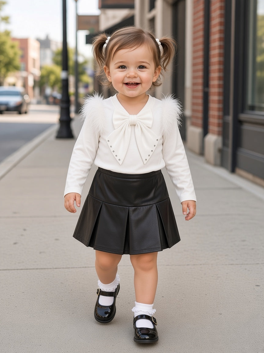 Stylish Kids Two Piece Feather Shoulder Top And Faux Leather Skirt Set