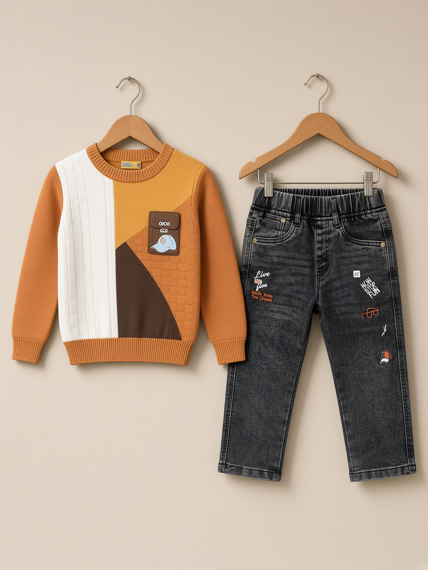Stylish Kids Two Piece Colorblock Knit Sweater And Embroidered Denim Set