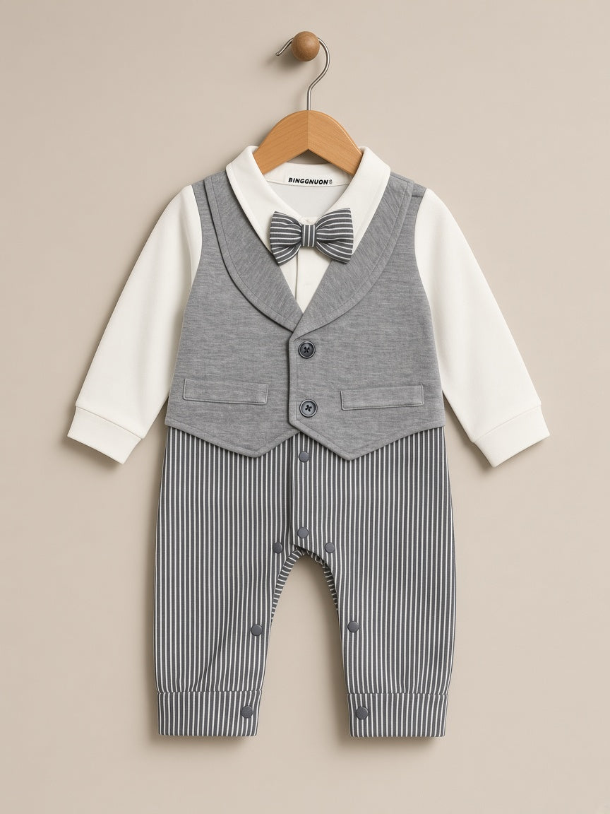 Stylish Baby Boys Check Vest Romper With Bow Tie Formal Outfit Set