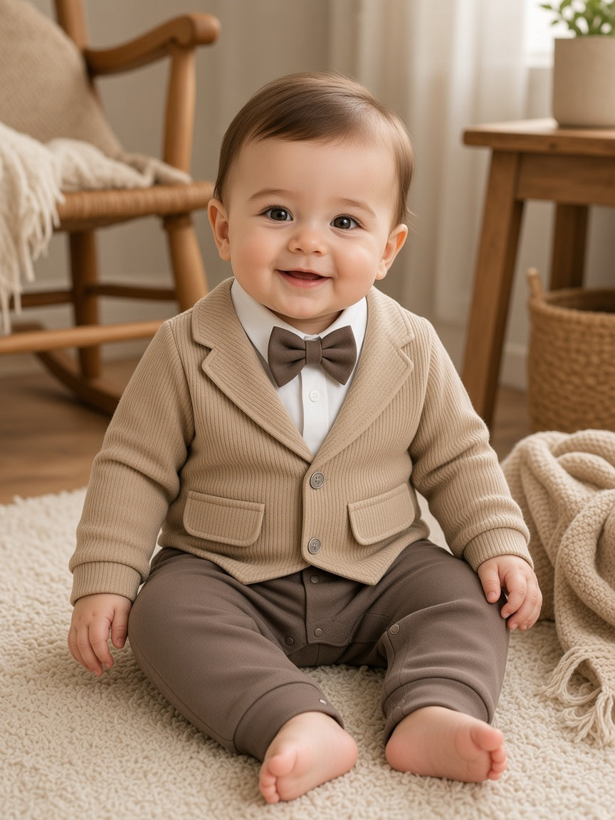Stylish Baby Boys Faux Vest Romper With Bow Tie Formal Outfit Set