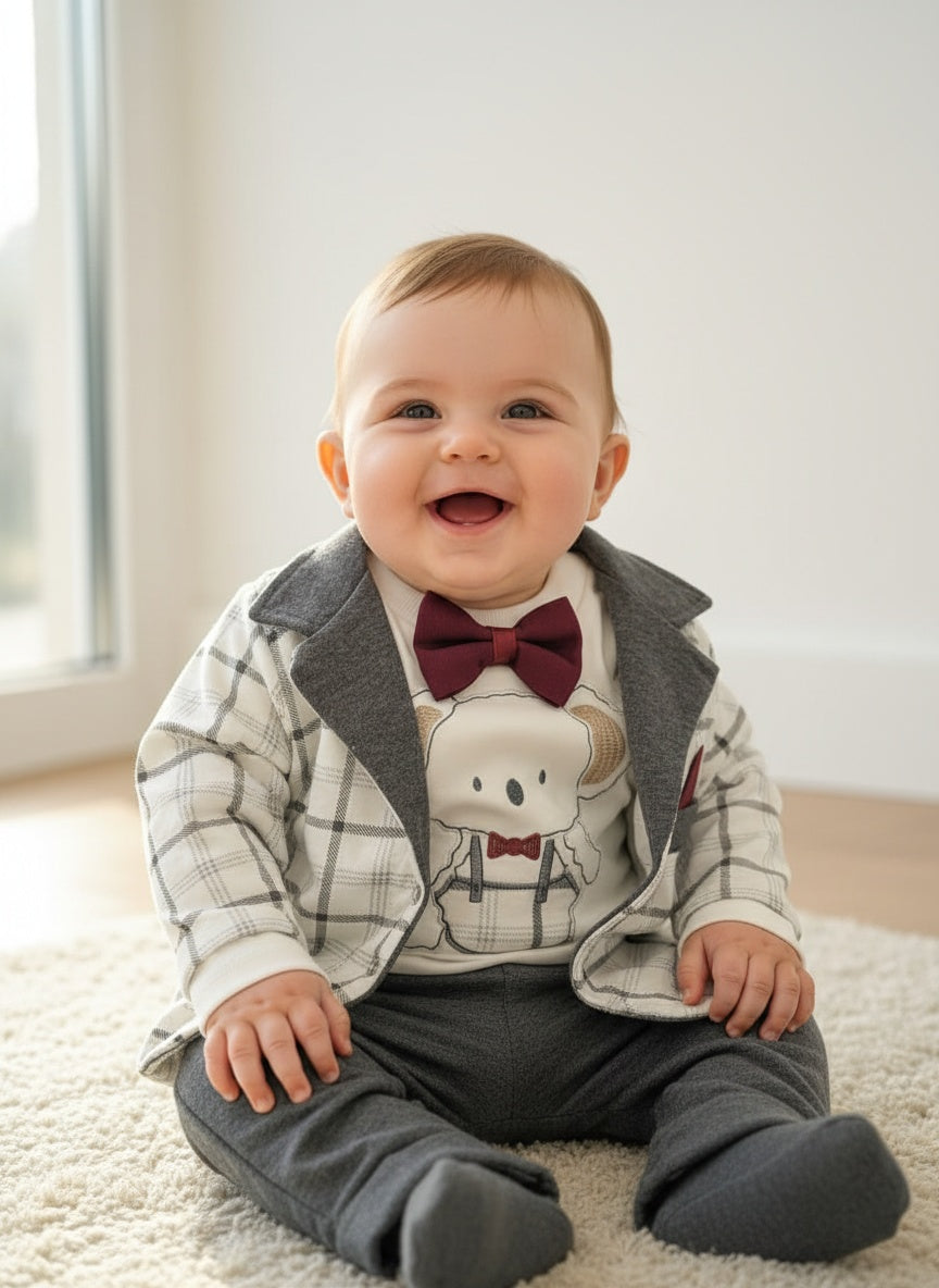 Turkey Imported Baby Girl 3-Piece Set (0–9 Months) | Coat + T-Shirt + Trouser | Elephant Print & Red Bow Tie