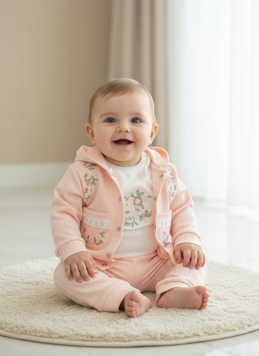 Turkey Imported Baby Girl 3-Piece Hooded Set (0–12 Months) | Embroidered Hoodie + Bodysuit + Trouser | 2-Pocket Style
