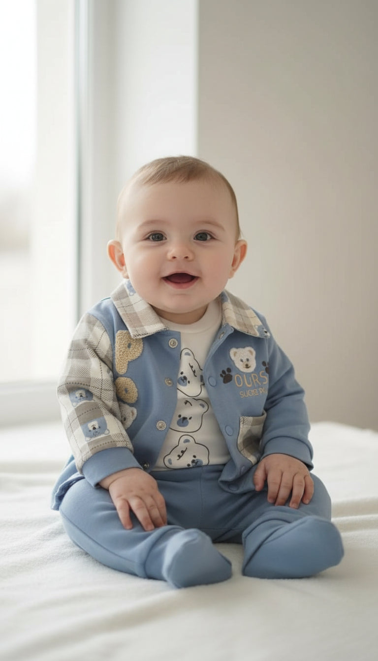 Turkey Imported Baby 3-Piece Set – Bear Design with 1 Pocket (0–12 Months)