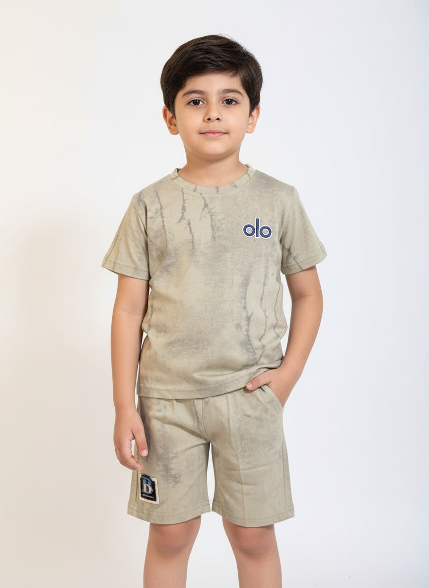 Boys Charcoal Black Tie Dye Summer Set Cotton Short Sleeve T-Shirt and Matching Cargo Shorts