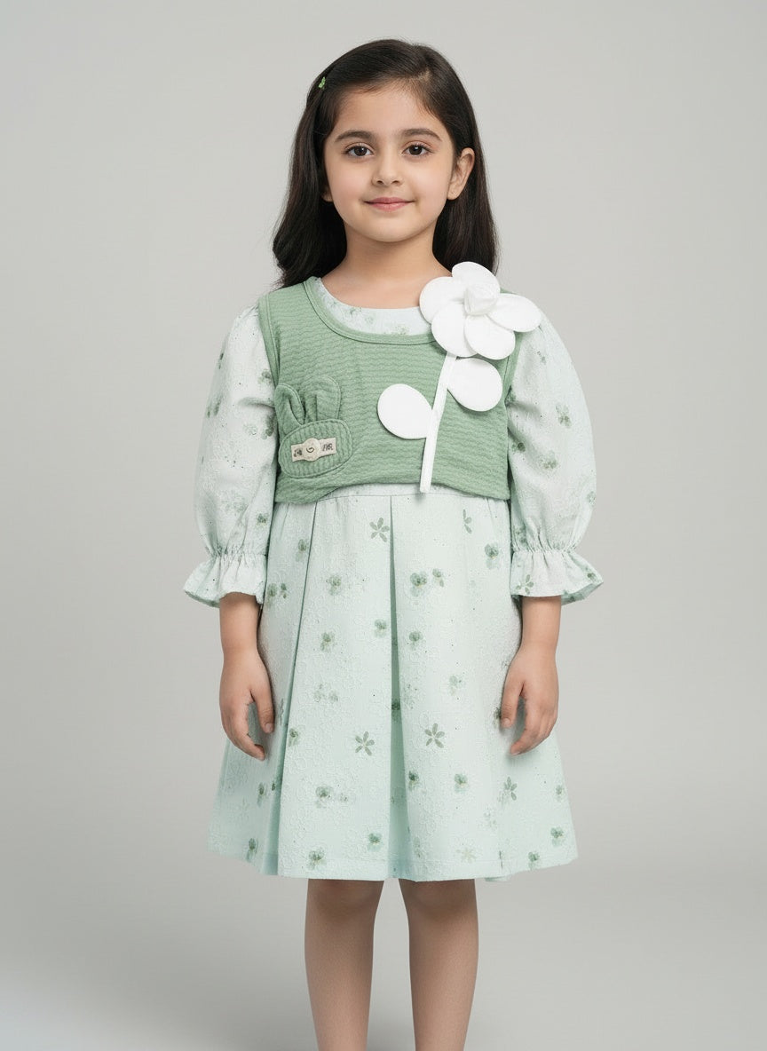 Adorable Girls Floral Print Pink Dress With Stylish Purple Waistcoat And 3D Flower Accents