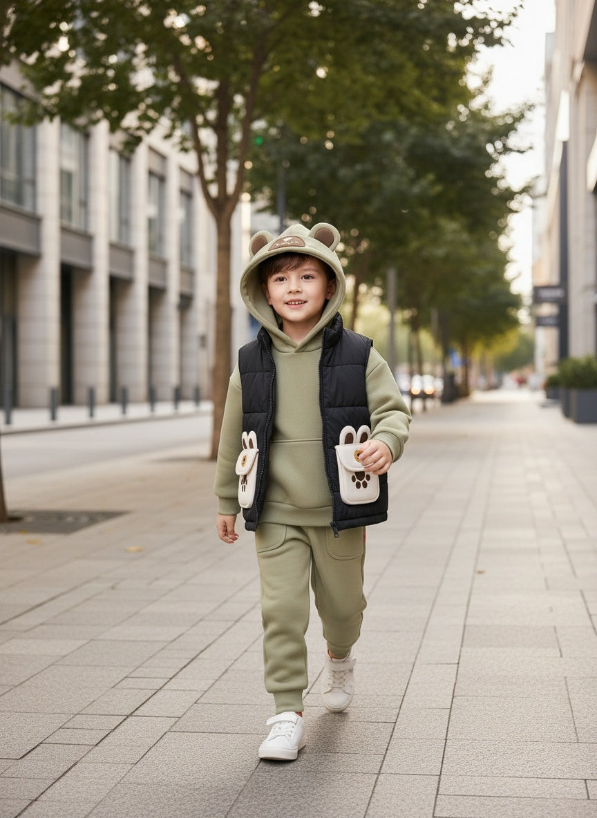Kids Bear Ear Hooded Sweatshirt And Puffer Vest 3-Piece Winter Outfit Set