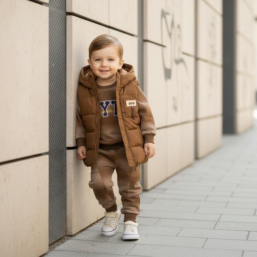 Kids Stylish 3-Piece Winter Outfit Set Featuring Puffer Hooded Vest Sweatshirt And Jogger Pants