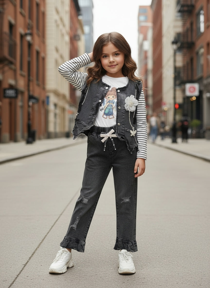 Stylish Girls 3-Piece Denim Outfit Set Featuring a Vest, Striped Shirt, and Jeans