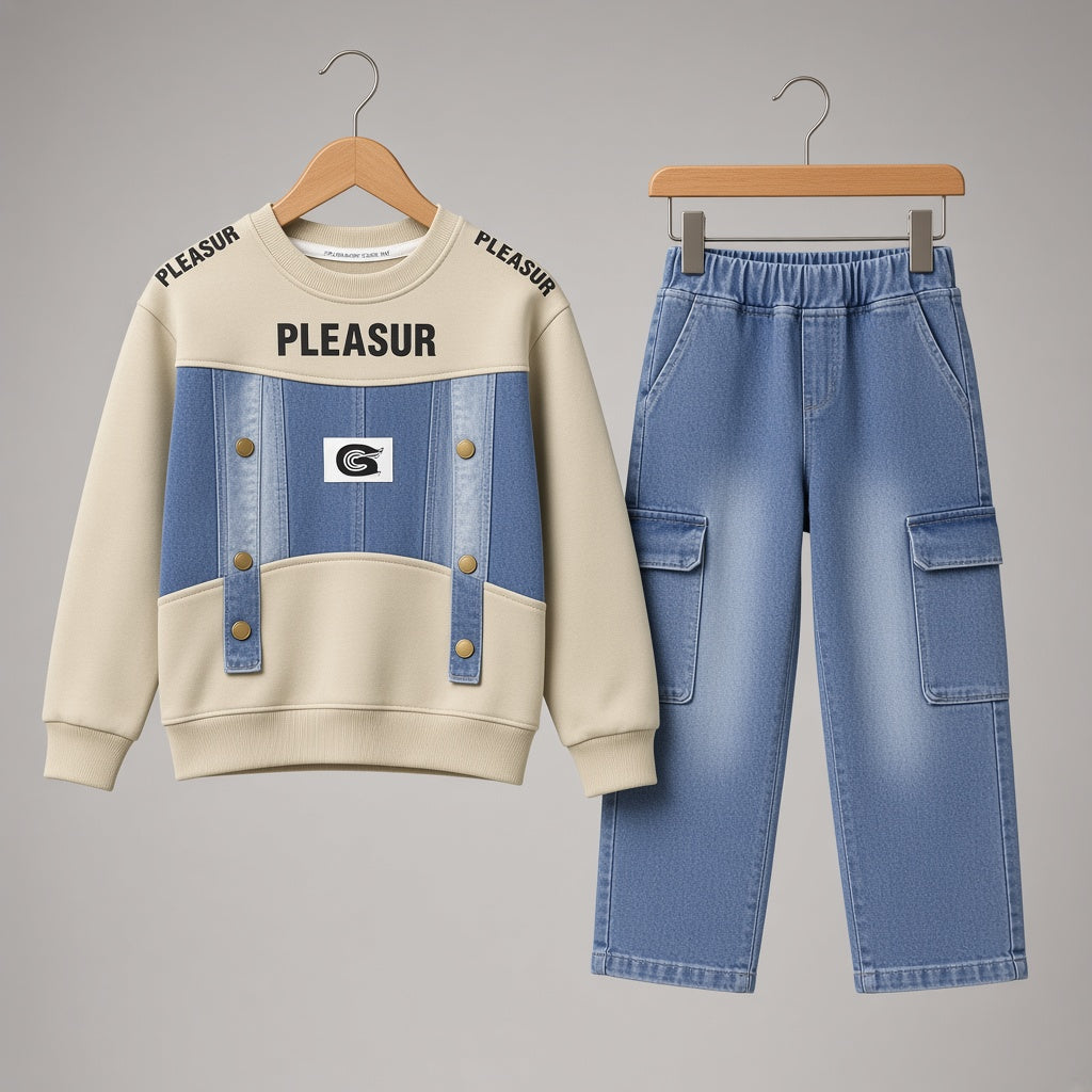Boys Winter 2-Piece Denim Patchwork Sweatshirt and Cargo Jeans Stylish Outfit Set