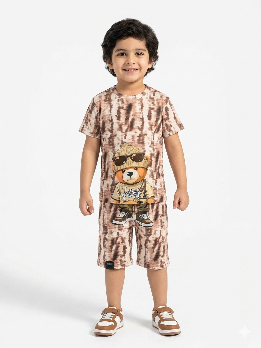 Trendy Tie-Dye Teddy Bear Print T-Shirt and Shorts Summer Outfit for Stylish Boys