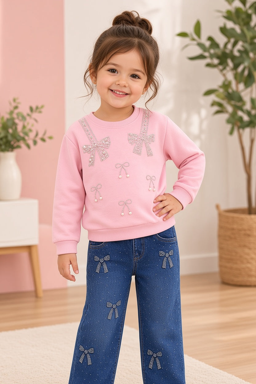 Girls Winter 2-Piece Rhinestone Bow Sweatshirt and Embellished Denim Jeans Outfit Set