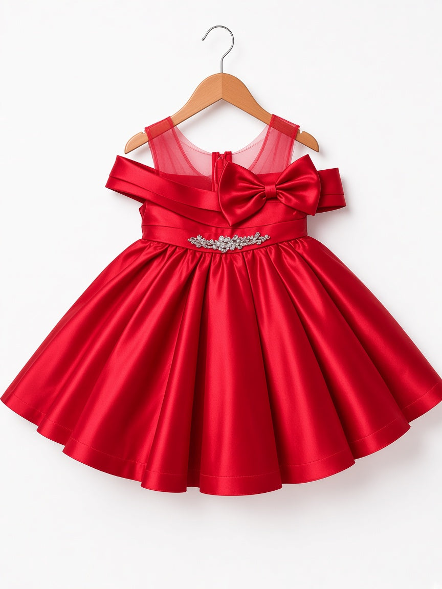 Girls Elegant Satin Party Frock Big Bow Rhinestone Waist Mesh Shoulder Birthday Dress